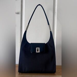 Stuart Weitzman Black Trapeze Shoulder Bag Patent Leather Silver Hardware Mint